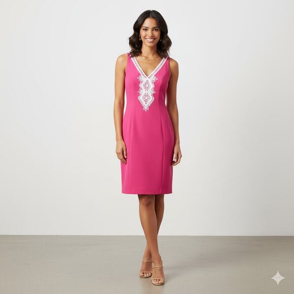 NWT Eliza J Embroidered V-Neck Shift Dress Bright Barbie Pink Sleeveless Ponte 8 - Picture 1 of 14
